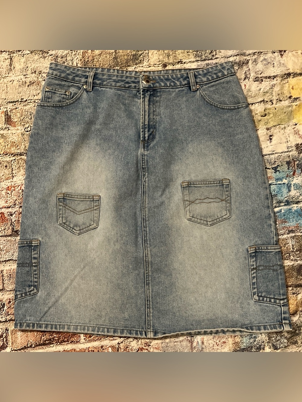 Womens Vintage Carolina Blues Distressed Denim Knee Length Skirt 18 Blue Cotton